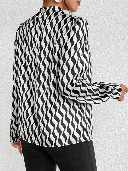 Long Sleeves Loose Contrast Color Pleated Printed Split-Joint Mock Neck Blouses&Shirts Tops