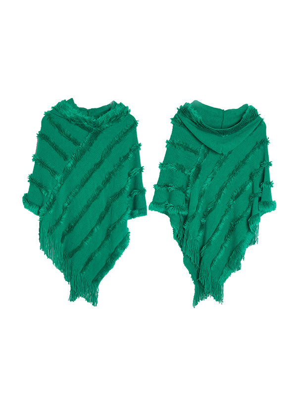 Hooded Keep Warm Solid Color Tasseled Cape Shawl&Cloak