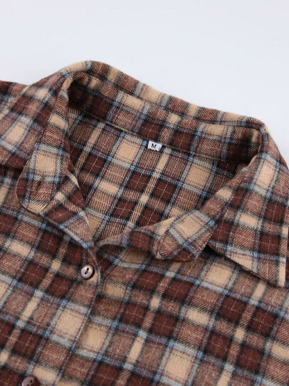 Long Sleeves Loose Buttoned Contrast Color Plaid Split-Joint Lapel Blouses&Shirts Tops Outerwear