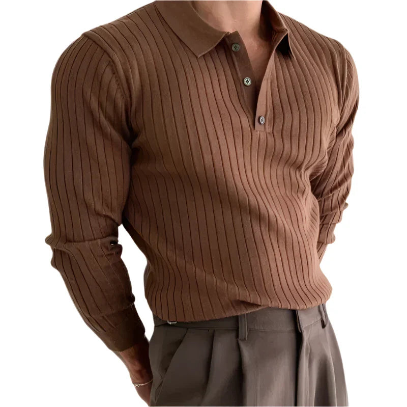 Men's Long Sleeve Knit Polo Shirt | Ribbed Solid Color Polo Shirt | Knitted Casual Button Pullovers Brown