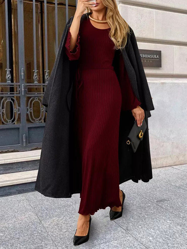 Long Sleeves Pleated Ruffled Solid Color Split-Joint Round-Neck Maxi Dresses