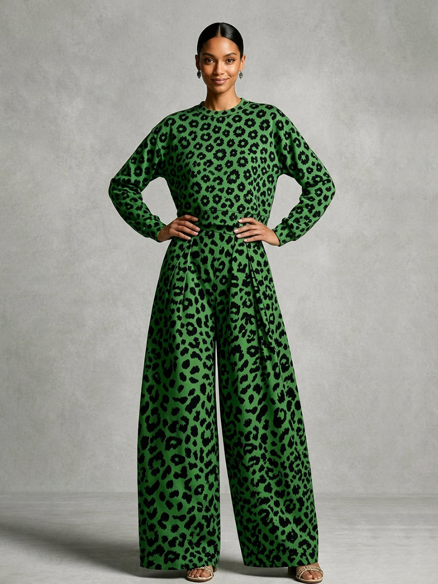 Pockets Pleated Leopard Wide Leg High Waisted Trousers Pants