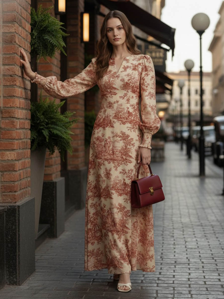 Elasticated Waist High Waisted Contrast Color Pleated Printed Split-Joint V-Neck Maxi Dresses