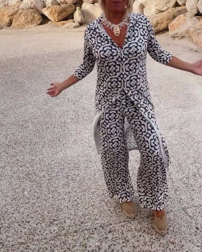 Mosa | Women's Printed Two Piece Set Longline Shirt Straight Pants