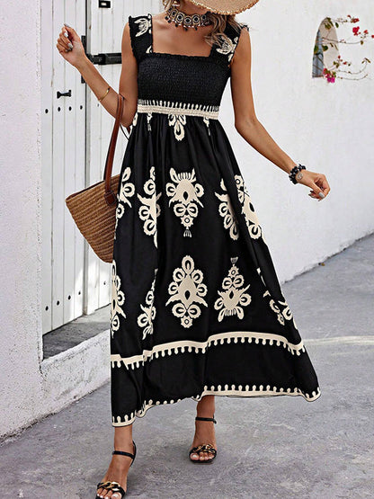 A-Line Loose Elasticity Pleated Printed Split-Joint Square-Neck Maxi Dresses