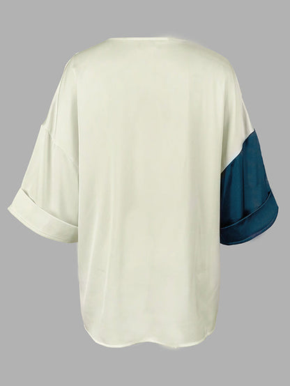 Long Sleeves Loose Color-Block Contrast Color Drawstring Elasticity V-Neck Blouses&Shirts Tops