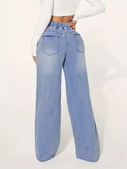 High Waisted Loose Drawstring Elasticity Split-Joint Jean Pants Bottoms