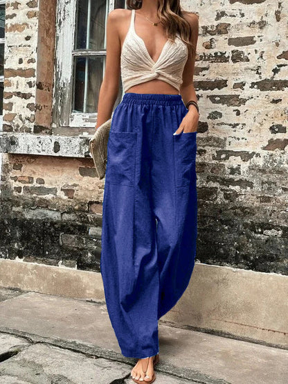 Pantalon ample grande taille avec poches élastiques et couleur unie 