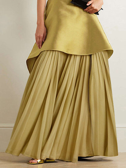 A-Line Loose Pleated Solid Color Split-Joint Tiered Round-Neck Evening Dresses Maxi Dresses