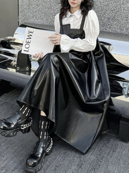 A-Line Loose Asymmetric Pleated Solid Color Split-Joint Square-Neck Midi Dresses Slip Dress