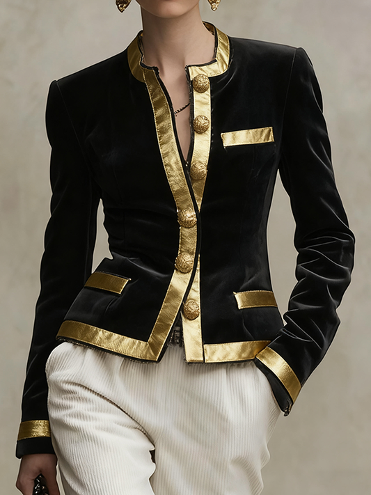 Long Sleeves Buttoned Contrast Color Split-Joint Round-Neck Jackets Outerwear