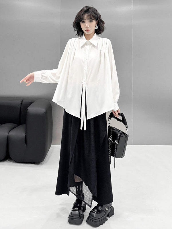 Irregularity Long Sleeves Buttoned Solid Color Split-Joint Streamer Lapel Collar Blouses&Shirts Tops