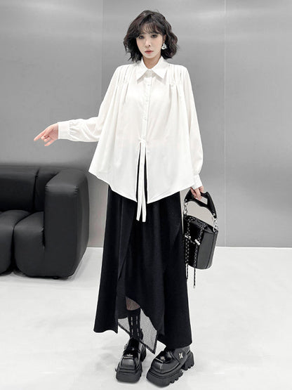 Irregularity Long Sleeves Buttoned Solid Color Split-Joint Streamer Lapel Collar Blouses&Shirts Tops