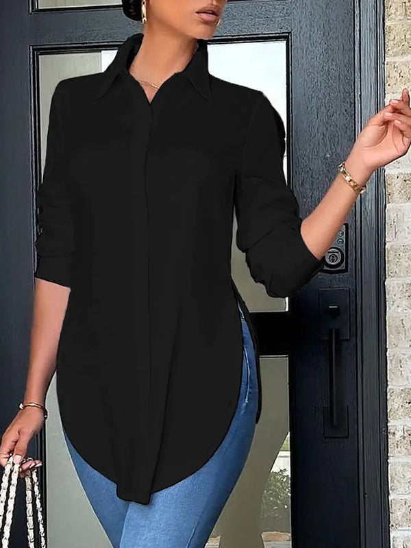 Chemisiers et chemises polos décontractés à manches longues et fentes latérales de couleur unie 