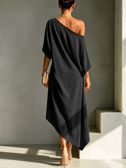 Solid Color Buttoned Backless Asymmetric Loose High-low One-shoulder Maxi Dresses