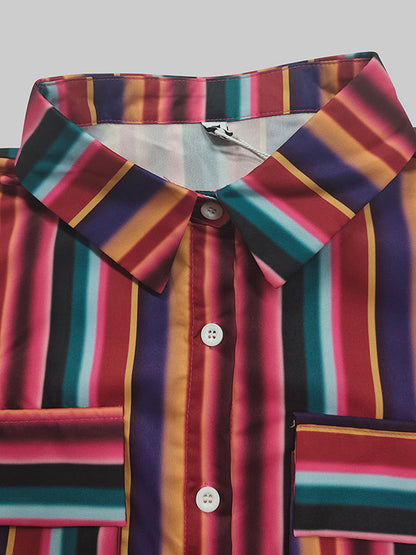 Long Sleeves Loose Split-Joint Striped Lapel Maxi Dresses Shirt Dress