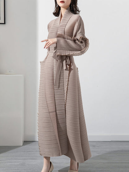 Casual Long Sleeves Loose Tied Pleated Stand Collar Midi Dresses