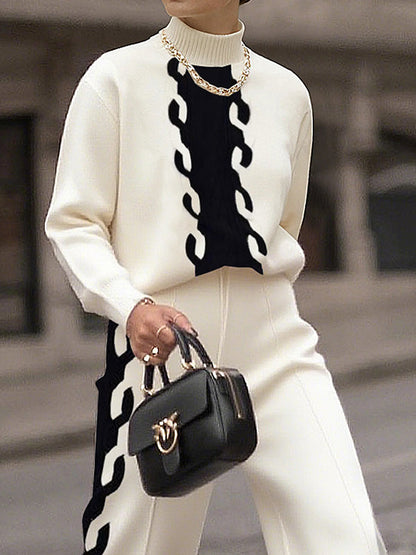 Long Sleeves Contrast Color Split-Joint High Neck Sweater Tops