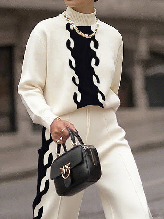 Long Sleeves Contrast Color Split-Joint High Neck Sweater Tops