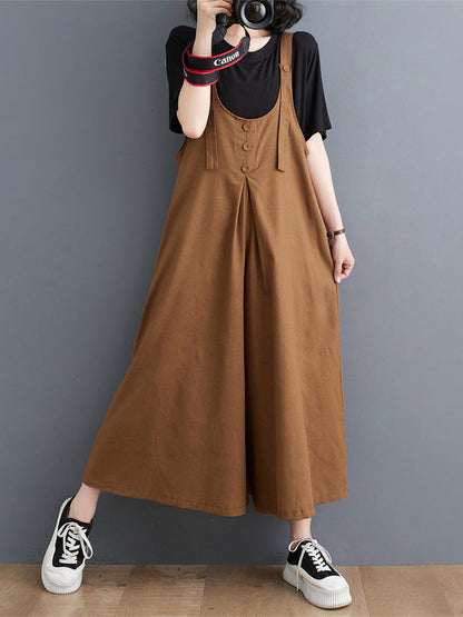 Ninth Pants Wide Leg Buttoned Solid Color Spaghetti-Neck Overalls