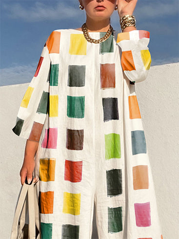 Loose Three-Quarter Sleeves Contrast Color Round-Neck Jumpsuits