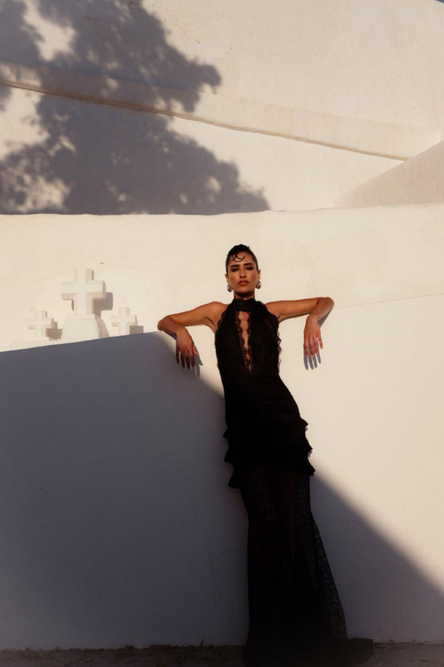 Dario Flower Plunge Lace Maxi Dress