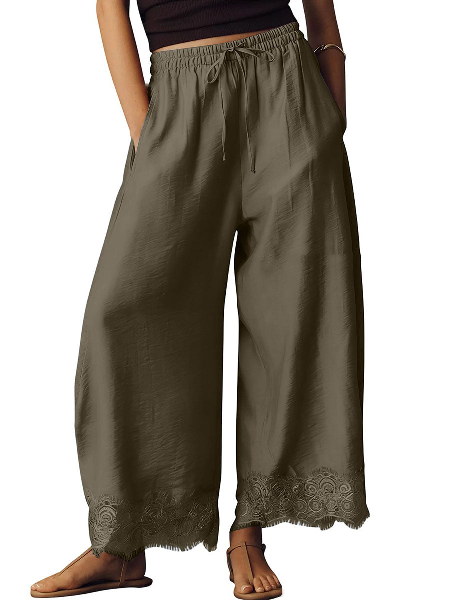 Split-Joint Solid Color Pockets Elasticity Drawstring Wide Leg Loose Trousers Pants