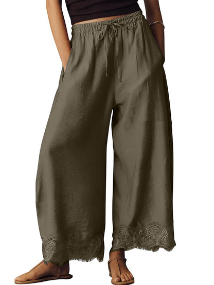 Split-Joint Solid Color Pockets Elasticity Drawstring Wide Leg Loose Trousers Pants