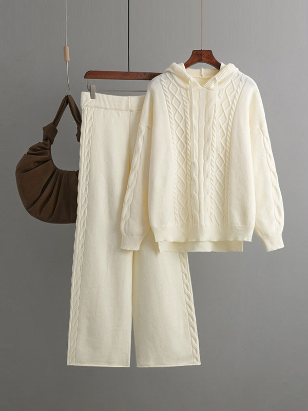 Urban Loose Solid Color Hooded High-Low Sweater Tops & Wide Leg Pants Two Pieces Set