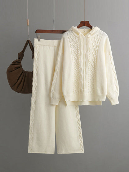 Urban Loose Solid Color Hooded High-Low Sweater Tops & Wide Leg Pants Two Pieces Set