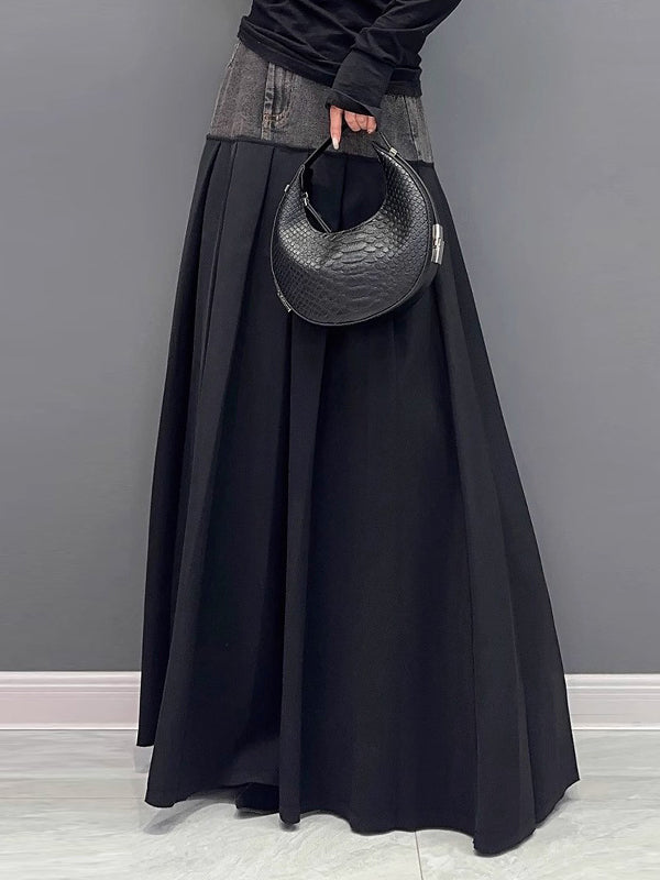 A-Line High Waisted Contrast Color Pleated Split-Joint Skirts Bottoms