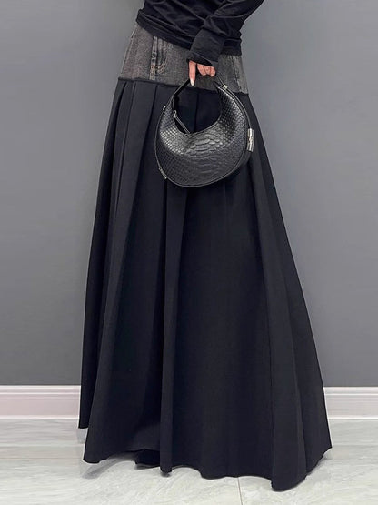 A-Line High Waisted Contrast Color Pleated Split-Joint Skirts Bottoms