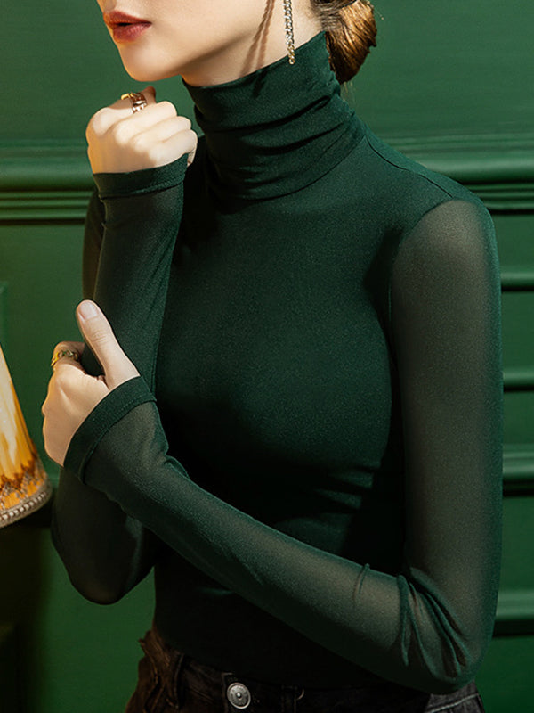 T-shirts à manches longues, col montant, transparents, couleur unie, grande taille 