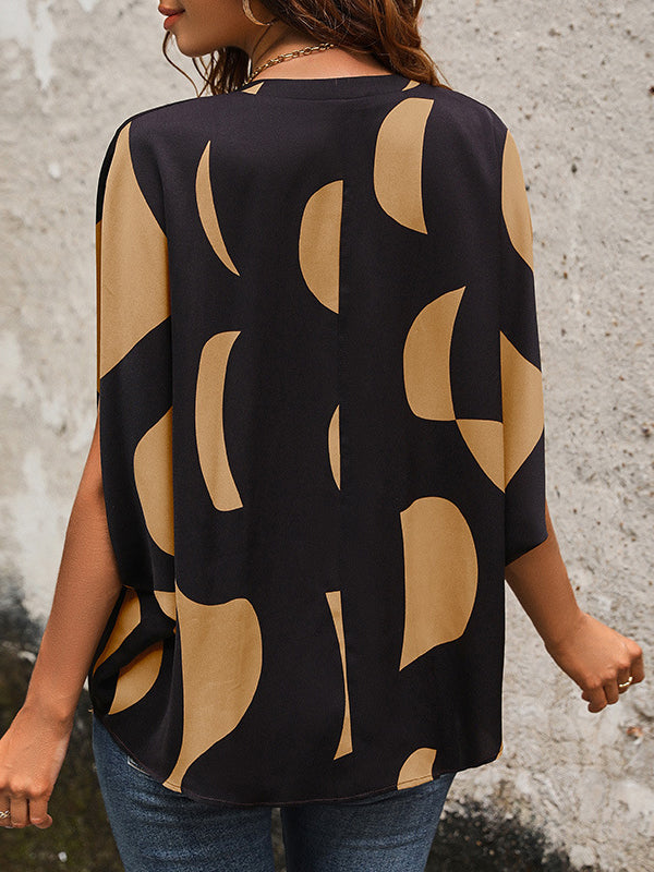 Batwing Sleeves Loose Printed Split-Joint V-Neck Blouses&Shirts Tops