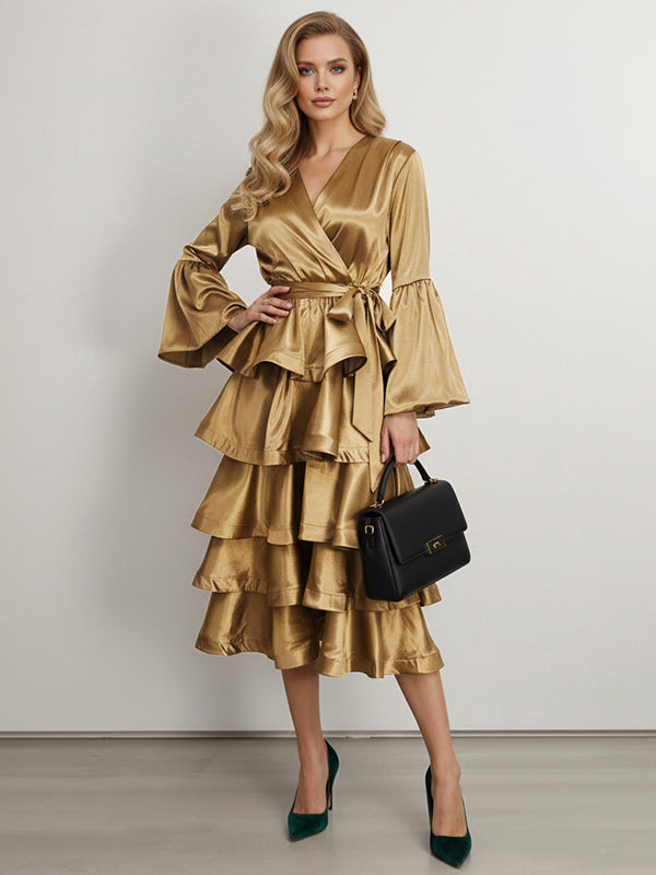Flared Sleeves Belted Ruffled Shiny Tiered V-Neck Midi Dresses