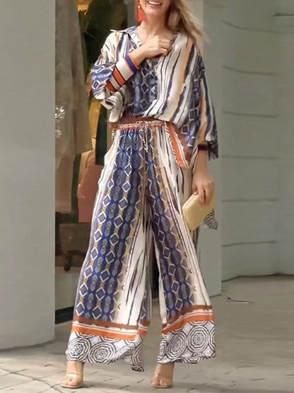Long Sleeves Loose Printed Lapel Blouses Tops + Drawstring Pockets Pants Bottom Two Pieces Set