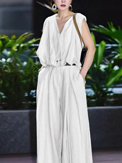 High Waisted Loose Pleated Solid Color Split-Joint Suit Pants