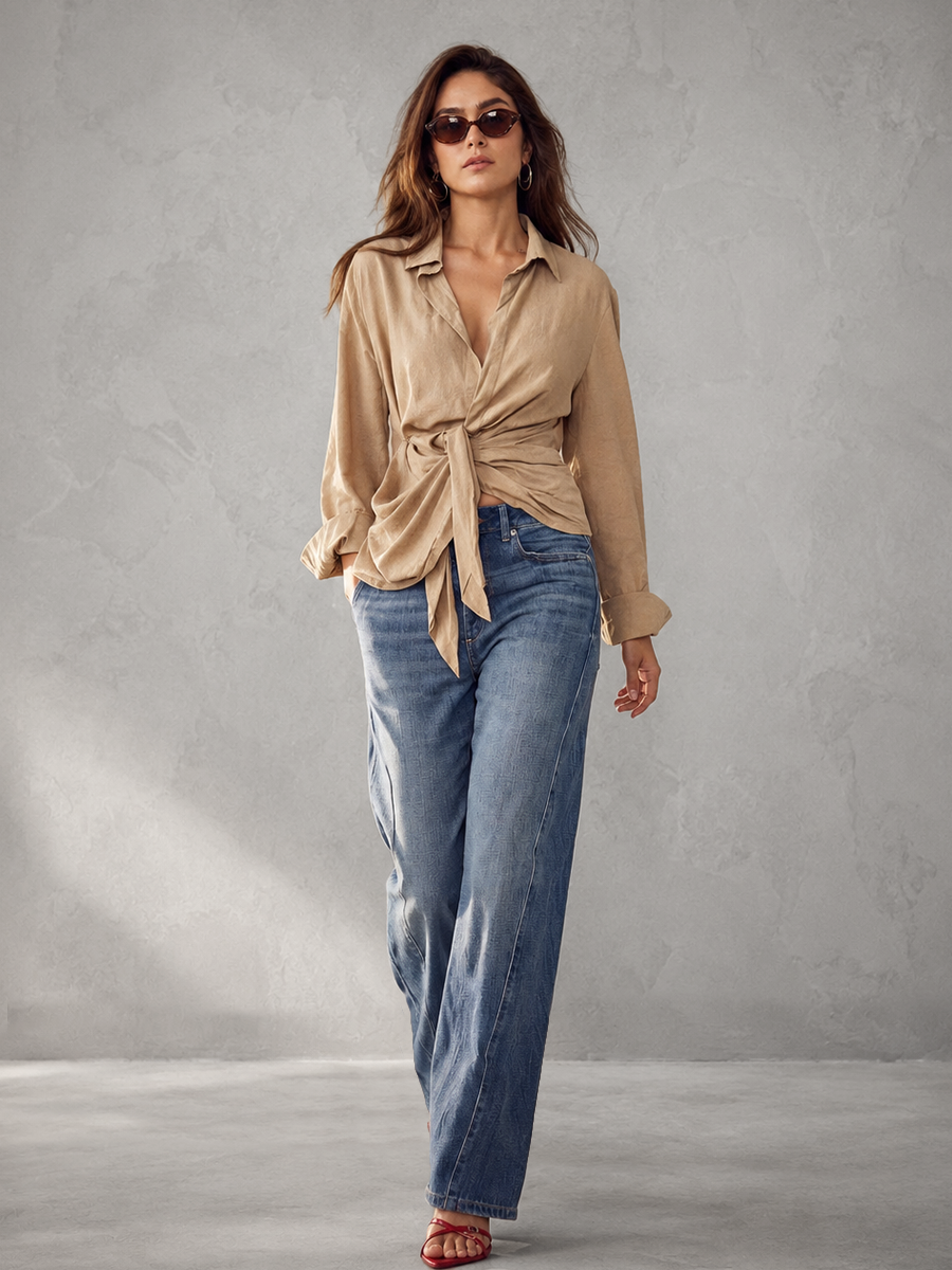 Long Sleeves Loose Buttoned Knot Solid Color Lapel Blouses&Shirts Tops