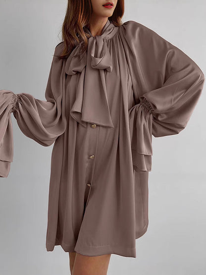 A-Line Flared Sleeves Buttoned Elasticity Pleated Solid Color Tied Zipper Stand Collar Mini Dresses