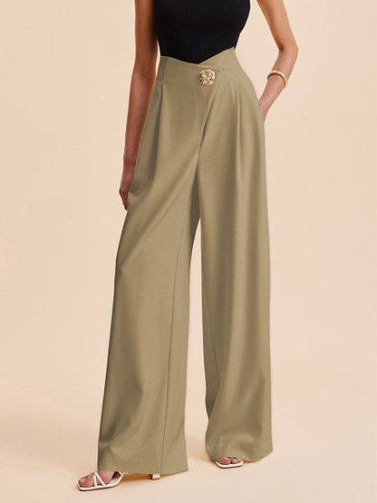 High Waisted Loose Buttoned Pleated Solid Color Pants Trousers
