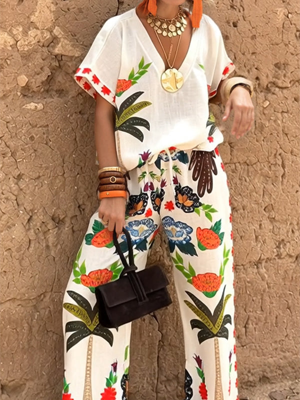 High Waisted Loose Drawstring Elasticity Printed Split-Joint Pants Trousers