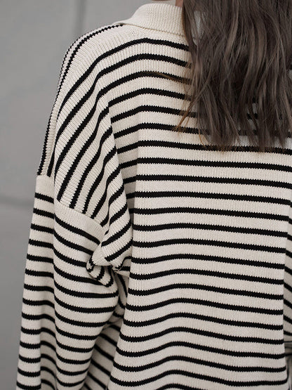 Long Sleeves Loose Split-Joint Striped Lapel Sweater Tops