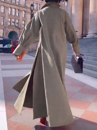 Long Sleeves Loose Solid Color Split-Joint Split-Side Lapel Maxi Dresses Shirt Dress