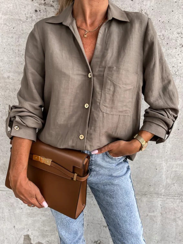 Chemisiers tendance à manches longues et col à revers de couleur unie 