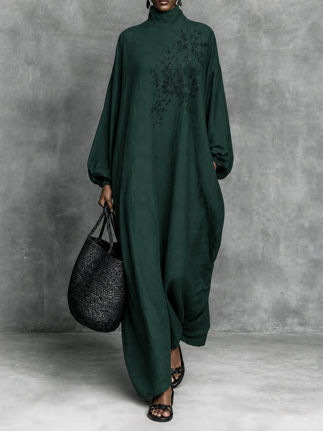 Solid Color Pockets Embroidered Loose Long Sleeves High Neck Maxi Dresses