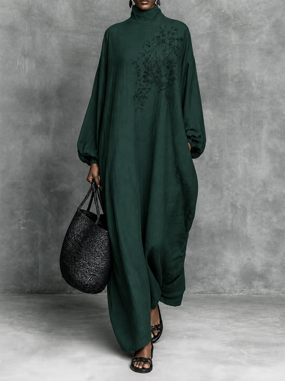 Solid Color Pockets Embroidered Loose Long Sleeves High Neck Maxi Dresses