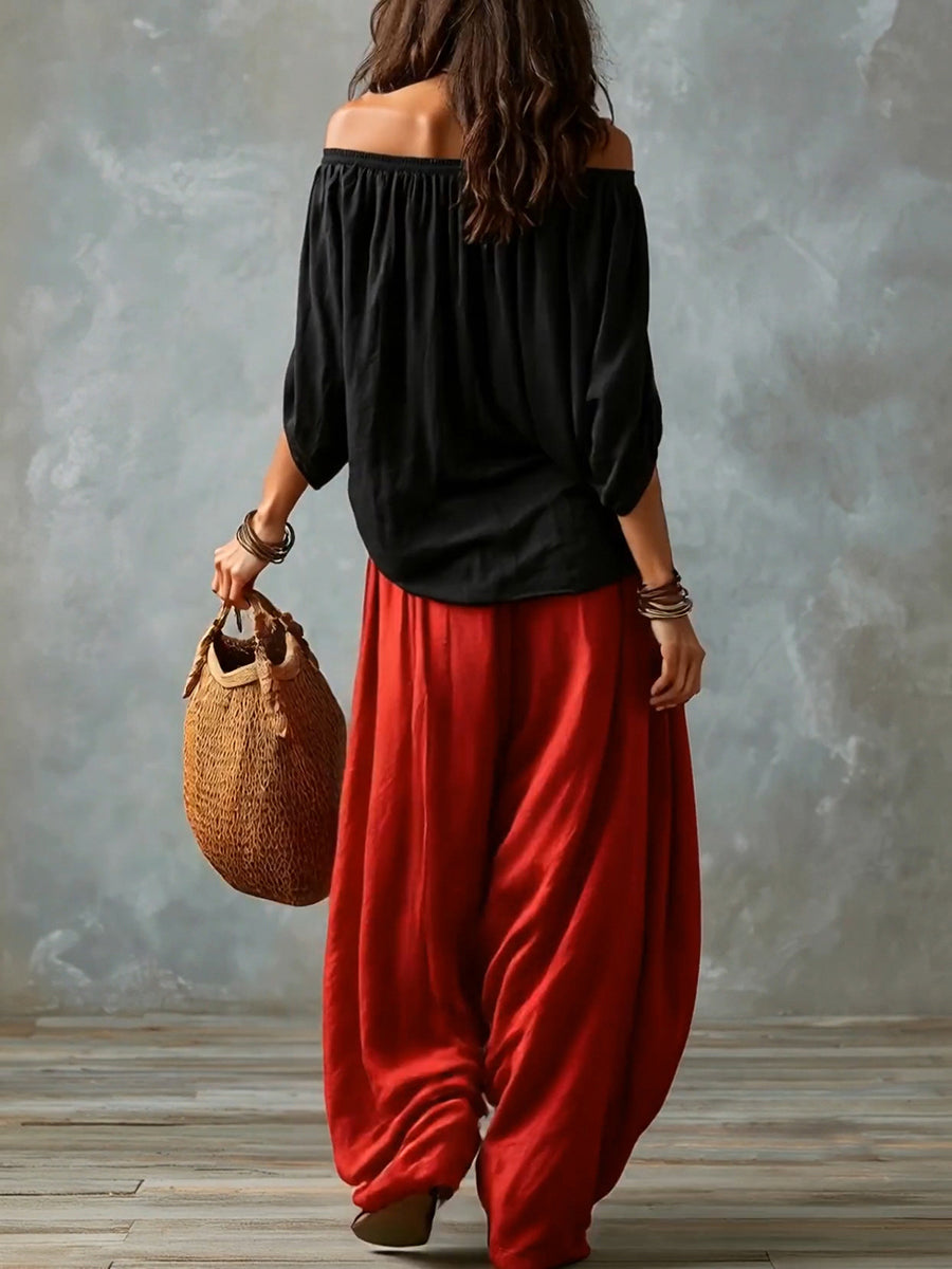 Pleated Solid Color Off-The-Shoulder Batwing Sleeves Blouses&Shirts Tops + High Waisted Elasticity Pants Trousers Two Pieces Set