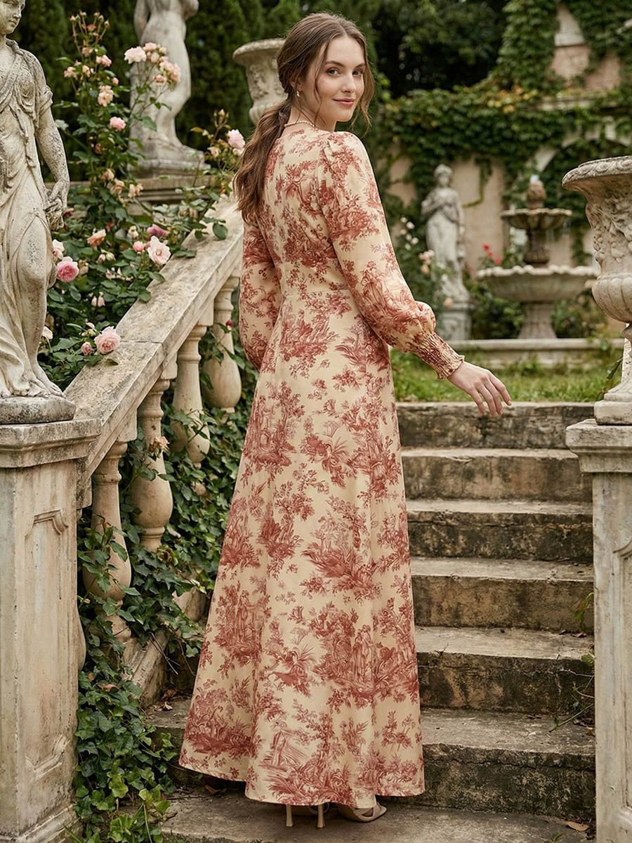 Elasticated Waist High Waisted Contrast Color Pleated Printed Split-Joint V-Neck Maxi Dresses