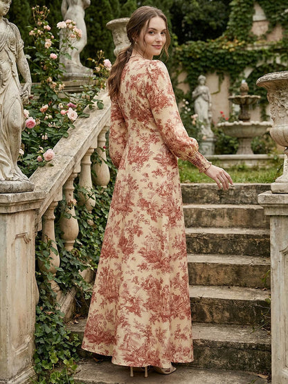 Elasticated Waist High Waisted Contrast Color Pleated Printed Split-Joint V-Neck Maxi Dresses