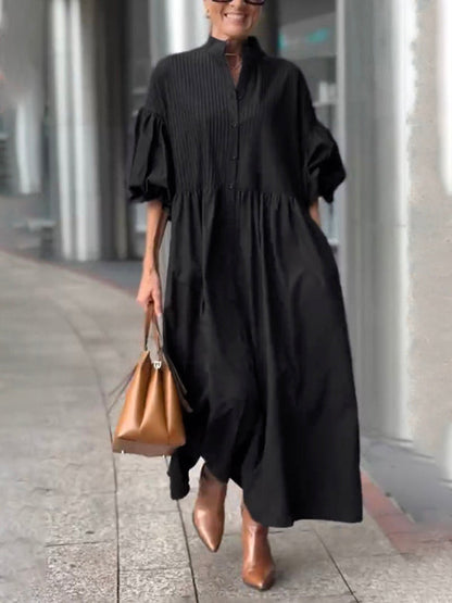 Half Sleeves Loose Buttoned Pleated Solid Color Tied Waist Stand Collar Maxi Dresses